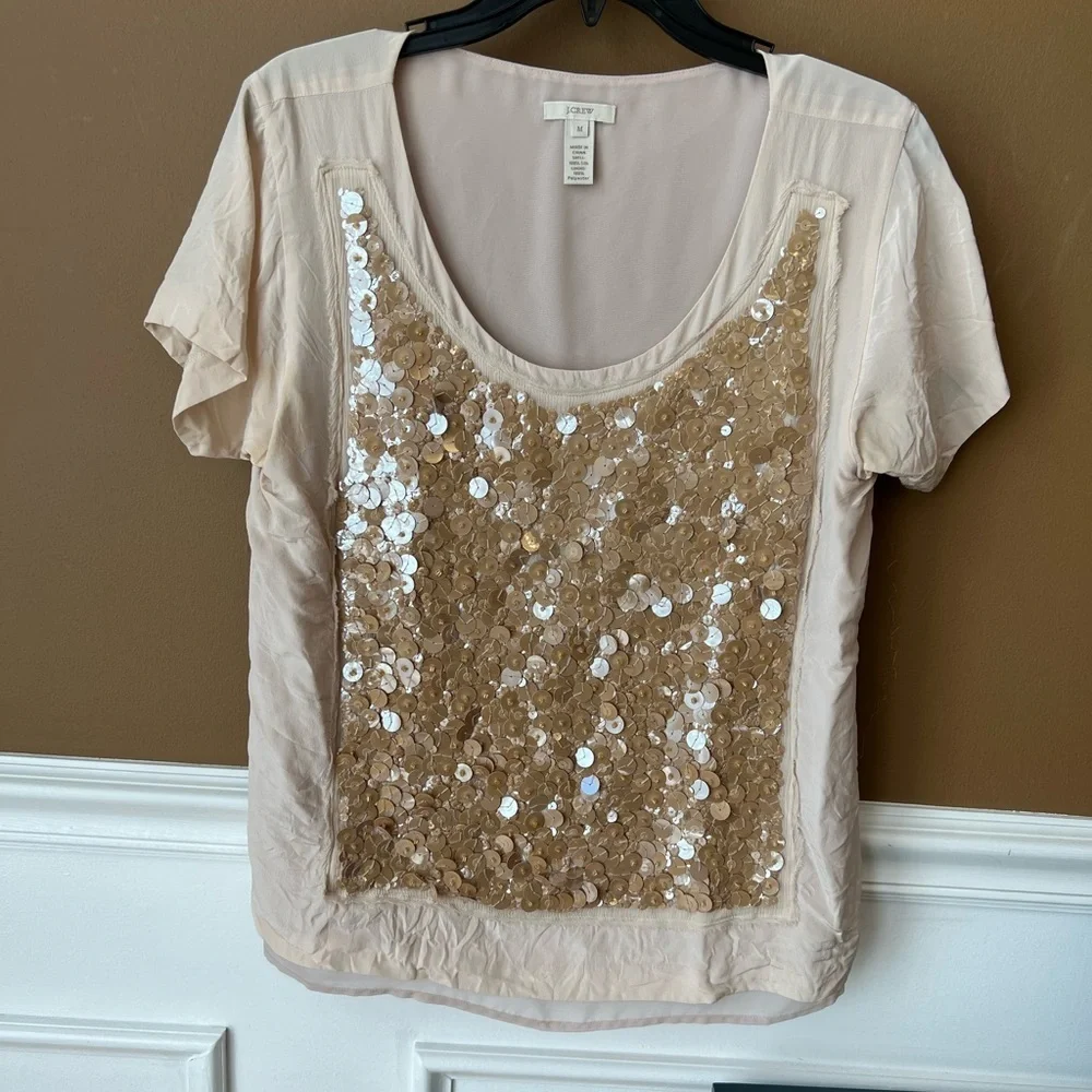 J. Crew Beige Sequin Short Sleeve Blouse Size M New Years Eve Holiday Party